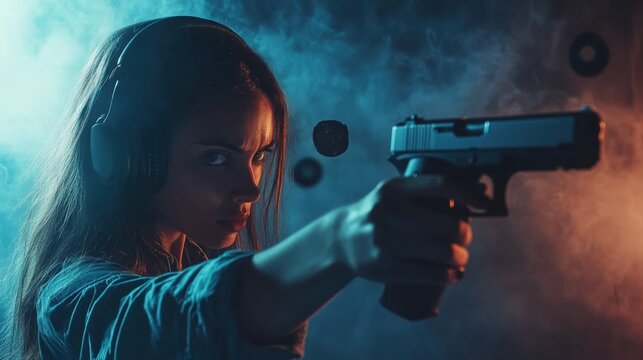 Beautiful girl with protective headphones shooting a pistol against a wall with targets, studio lighting, limited space