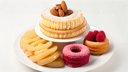 Close-up of delicious dessert on white plate, soft lighting, festive mood