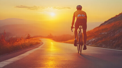 Fototapeta premium Cyclist Rides Road Bike at Sunset, Golden Hour Landscape Photography