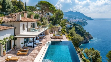 Fototapeta premium Luxurious Mediterranean villa with a modern terrace overlooking the sea