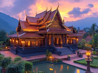 Fototapeta premium Experience the beauty of a traditional thai temple adorned at twilight amidst vibrant sunset colors