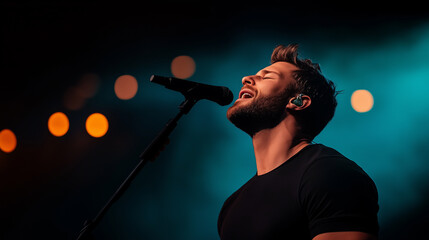 man passionately singing into microphone on stage, illuminated by colorful lights, creating energetic atmosphere that captivates audience.