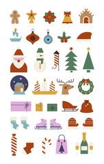 Christmas icons in a modern geometric style set. Colorful festive illustrations including santa claus, Christmas tree, snowman, gingerbread.
