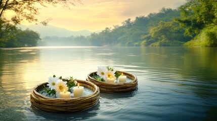 Obraz premium Two floating baskets with candles and flowers on a serene river.