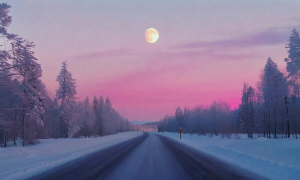 Road filled with snow and trees during sunset