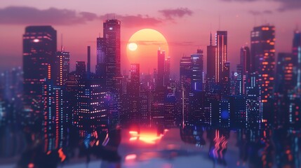 Obraz premium A retrofuturistic city at sunset with neon lights and a large, glowing sun in the background.