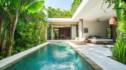 Modern minimalist home with a serene private oasis and lush greenery