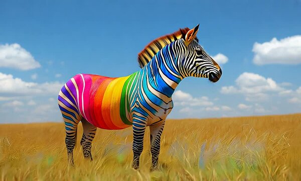 Colorful rainbow zebra in the wild 
