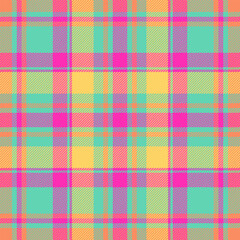 Tracery textile plaid seamless, cross check fabric tartan. Bandanna pattern background vector texture in teal and pink colors.