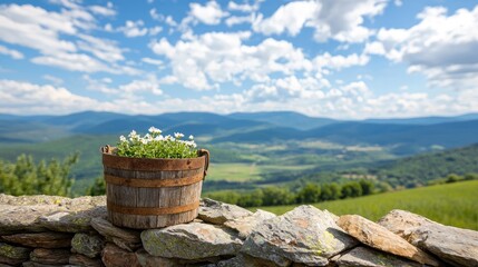 Rustic Wooden Bucket with Flowers Against a Scenic Mountain Landscape Under Bright Blue Sky with Fluffy Clouds