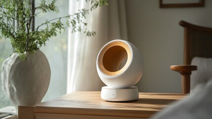 Modern Home Technology: A Serene Symphony of Design. Explore the seamless blend of wood and white in this innovative device, adding a touch of contemporary elegance to your interior.