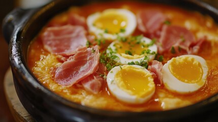 Fototapeta premium Traditional Spanish salmorejo soup topped with Serrano ham and egg slices