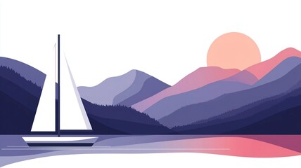 vector style sailing boat on the lake, desktop wallpaper design background 
