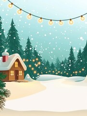 Fototapeta premium Cozy Winter Cabin Scene with Snow, Christmas Lights, and Evergreen Trees Under a Clear Sky Perfect for Holiday Celebrations and Seasonal Designs