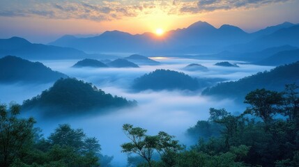A breathtaking sunrise over a valley shrouded in mist. The golden light of the rising sun illuminates the misty clouds and mountain peaks, creating a stunning scene of natural beauty.