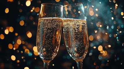 Two champagne flutes effervescing with bubbles, accompanied by a dazzling golden bokeh backdrop, epitomizing celebration, joy, elegance, and luxurious festivity.