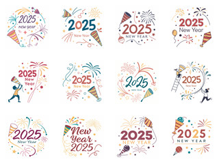 Festive 2025 New Year Celebration Designs with Fireworks and Party Favors.