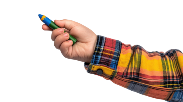 A hand holding a crayon on white transparent background