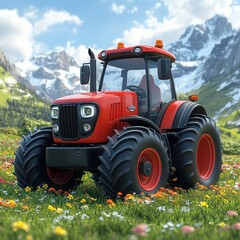 Obraz premium Red tractor in a green field with mountains in the background.