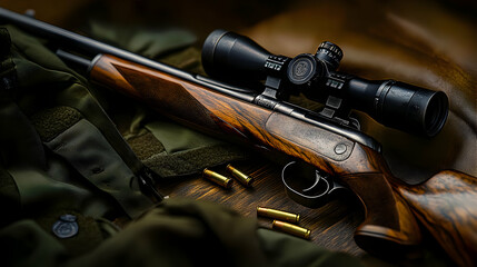 Obraz premium High-Quality Hunting Rifle with Scope, Resting on Wooden Surface near Ammunition and Gear