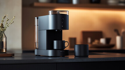 Close-up of a sleek coffee maker on a countertop with a mug ready beneath it.