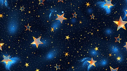 Fototapeta premium A seamless pattern of twinkling gold stars on a dark blue background.