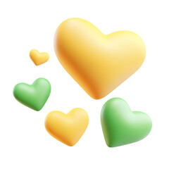 Fototapeta premium flying yellow and green hearts 3d render icon isolated on transparent background cutout