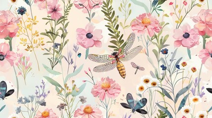 A seamless pattern of watercolor-style flowers, leaves, and dragonflies, set against a soft pink background.