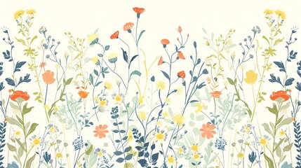 A seamless pattern of colorful flowers and green leaves on a cream background.