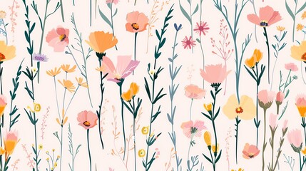 A seamless pattern of pink, yellow, and orange flowers on a white background.