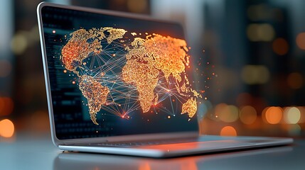 Detailed description: A vibrant and intricate hologram drawing hovering over a sleek computer on a desktop background