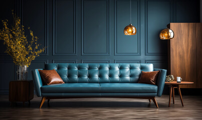 Obraz premium Teal Leather Sofa in Modern Living Room with Wooden Accents