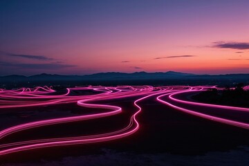 Mesmerizing Three-Dimensional Neon Trails Swirling on a Dusk Panorama