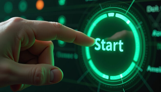 Hand Pressing Start Button on Futuristic Interface - Powered by Adobe
