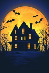 A haunted house in front of the full moon, with spooky trees and bats flying around it