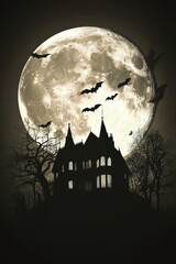 Fototapeta premium A haunted house in front of the full moon, with spooky trees and bats flying around it