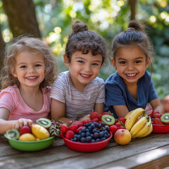 Fototapeta premium Three cheerful young girls sitting together at a wooden table with colorful fruits