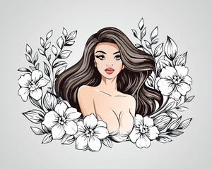 Beautiful Woman with Floral Elements Illustration