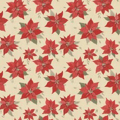Obraz premium Rustic vintage Christmas seamless pattern featuring repeating red poinsettia blossoms and green foliage, perfect for holiday backgrounds or festive textile design.