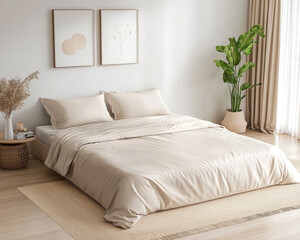 Fototapeta premium Minimalist Bedroom Setup with White Wall and Beige Accents for a Warm, Inviting Space