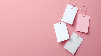 Four blank tags with strings on a pink background.