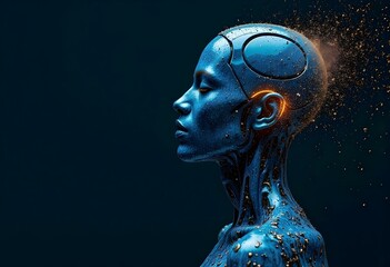 Obraz premium Digital Humanoid Powered by AI Technology Cyborg on a Digital data transmitting background, Man and Machine Merged: A Digital Cyborg Takes Shape, Human into the World of AI Cyborgs, Abstract style BG