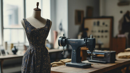 In a sewing studio, a vintage dress form showcases a new design beside a classic sewing machine
