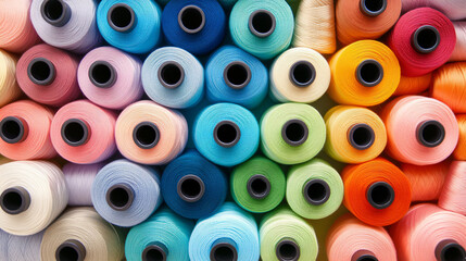Top view image of many colorful threads arranged next to each other, showing a wide variety of colors