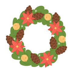 Christmas Wreath with Pinecones, Bells, Poinsettia, and Snowflakes