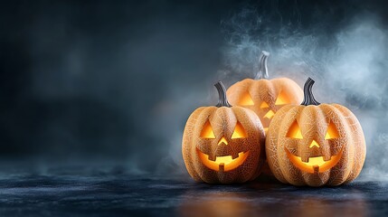 An adorable Halloween illustration for kids featuring intricately carved pumpkins with spooky faces