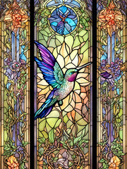 A vibrant hummingbird in intricate stained glass, surrounded by colorful floral and geometric patterns.