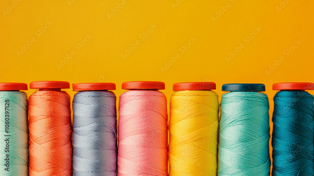 Poster Row of colorful thread bobbins is standing on a yellow background with copy space