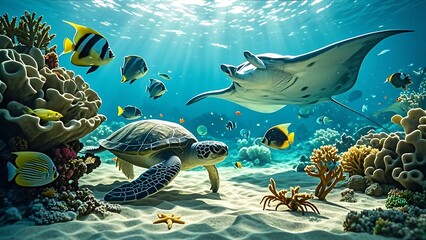 A sea turtle and manta ray swim in a vibrant coral reef, surrounded by colorful fish.