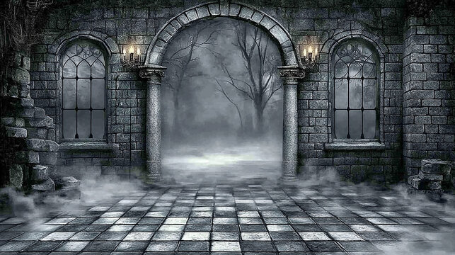 An arched stone gateway leading to a misty forest.